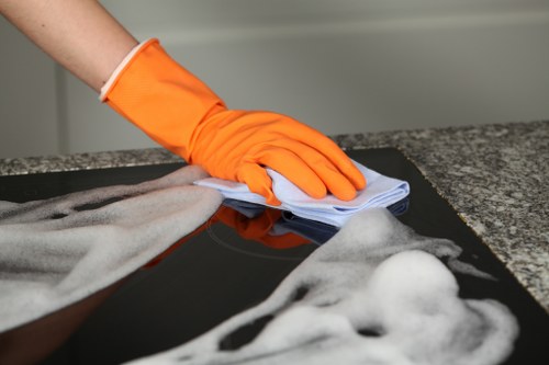 Cleaning staff wearing PPE during a carpet cleaning appointment
